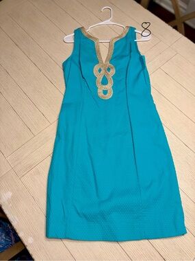 Lilly Pulitzer Turquoise Sleeveless Shift Dress with Gold Embellishment